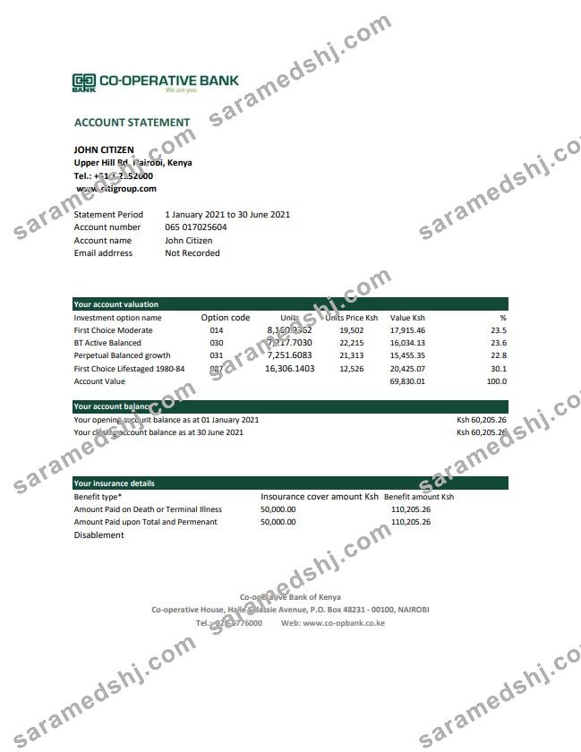 Kenya Co-operative Bank of Kenya bank statement easy to fill template in Excel and PDF format